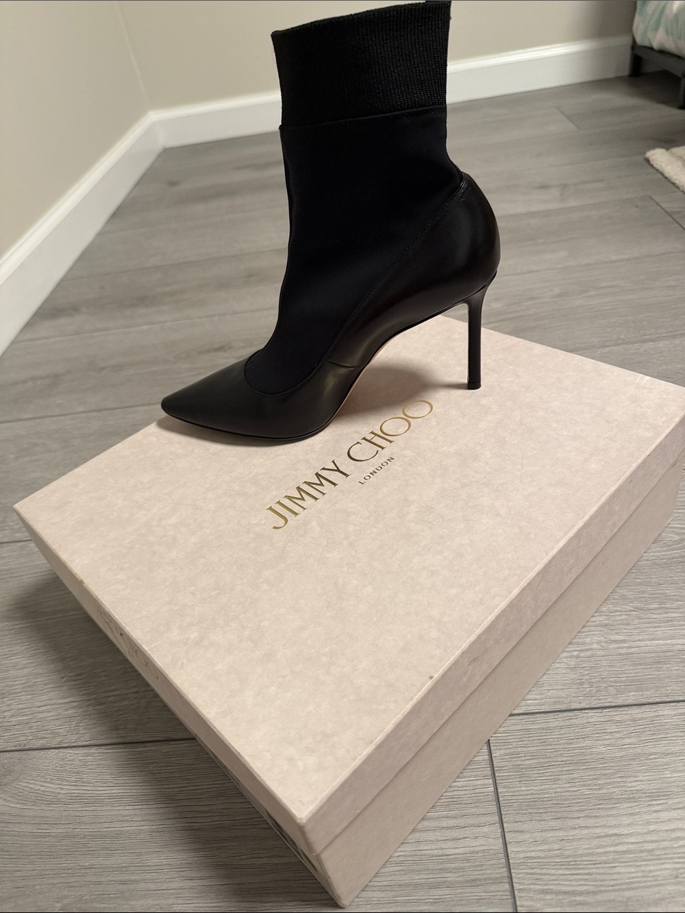 Jimmy Choo Black Pointed Toe Sock Stiletto Boot
